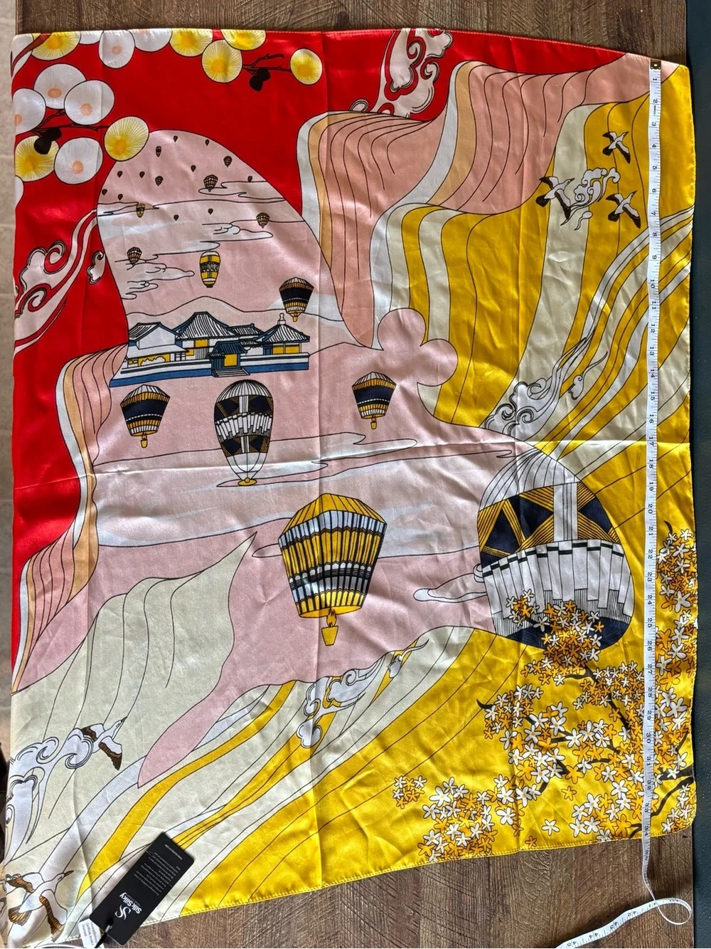 Silk Silky Vibrant Hot Air Balloon, Bird & Flower Print Scarf Red, Yellow & Pink
